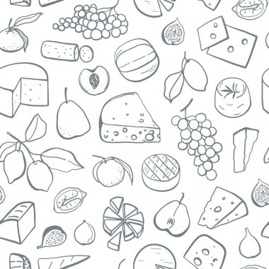 Elle çizilmiş peynir ve meyvesiz desen. Tekstil, menü, ambalaj kağıdı için tek renkli tasarım, kapak