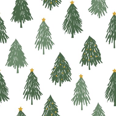 El çizimi Noel ağacı pürüzsüz desen. Beyaz arka planda dekoratif unsurları olan yeşil ağaçlar. Kumaş, tekstil, ambalaj kağıdı ve kapak için basit tasarım