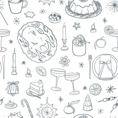 Noel yemeği öğeleriyle kusursuz bir düzen. Elle çizilmiş şenlik yemekleri. Kumaş, tekstil, ambalaj kağıdı, hediye kağıdı için eskiz stili tasarımı