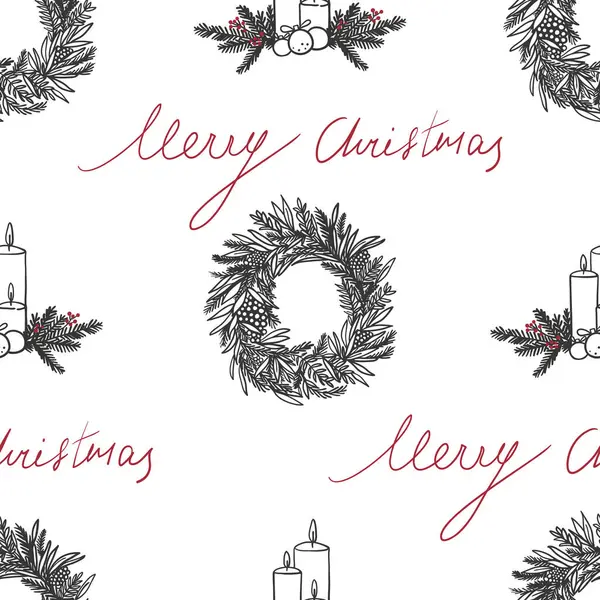 Elle çizilmiş Noel çelengi ve mumlar pürüzsüz desen. Kumaş, tekstil, ambalaj kağıdı, hediye kağıdı için eskiz tarzı tatil tasarımı