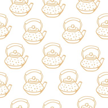 Elle çizilmiş eskiz tarzı çaydanlıklar pürüzsüz desen. Tekstil, menü, ambalaj kağıdı için basit tasarım
