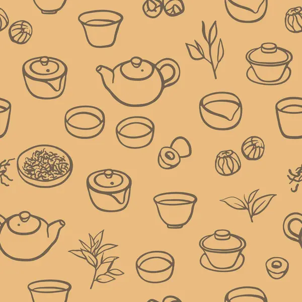Elle çizilmiş çaydanlıklar, fincanlar ve farklı tipte dikişsiz çay desenleri. Tekstil, menü, ambalaj kağıdı için basit tasarım