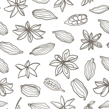 El çizimi siyah-beyaz yıldız anason ve kakule deseni. Mutfak, botanik veya tatil tasarımları, baharat, aroma ve doğal güzelliğin vurgulanması, tatlar, pastalar için basit baharat tasarımı