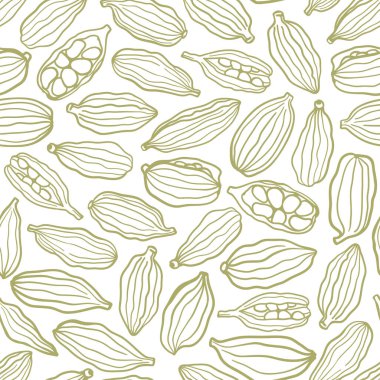 Elle çizilmiş tek renkli kakule deseni. Mutfak, botanik veya tatil tasarımları, baharat, aroma ve doğal güzelliğin vurgulanması, tatlar, pastalar için basit baharat tasarımı