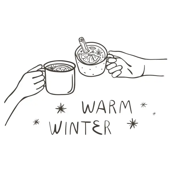 Elleri sıcak kış mevsimi içkilerinden bardaklar tutuyor. Basit vektör illüstrasyonu