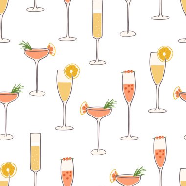 Elle çizilmiş farklı kokteyller. Beyaz arka planda kutlama içkileri. Bar menüsü, yeni yıl partisi, tekstil, ambalaj kağıdı tasarımı