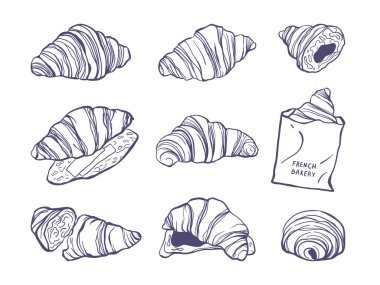El çizimi kruvasan seti. Fırın, menü, kart, poster, ambalaj için tasarım
