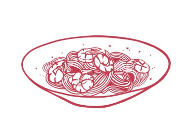 Tabakta karides olan el çizimi makarna. Robot resim tarzında İtalyan mutfağı çizimi