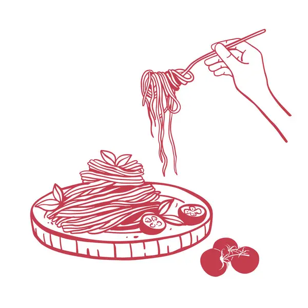 İtalyan makarnasını çatal ve tabağa koy. Domates ve fesleğenli spagetti. El çizimi resimleme beyaz arkaplanda izole edildi