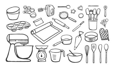 Beyaz arka planda izole edilmiş çeşitli pişirme araçları çizildi. Yemek pişirme aletlerinin basit bir gösterimi