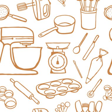 Elle çizilmiş mutfak aletleri kusursuz desen. Tekstil, kapak ve ambalaj kağıtları için farklı mutfak eşyaları monokrom tasarımı