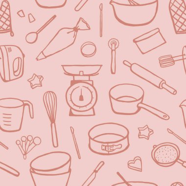 Elle çizilmiş pişirme aletleri pürüzsüz desen. Tekstil, kapak ve ambalaj kağıtları için farklı mutfak eşyaları monokrom tasarımı