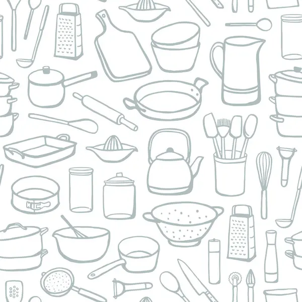 Elle çizilmiş yemek takımlarıyla kusursuz desen. Kumaş, tekstil ve ambalaj kağıtları için basit mutfak gereçleri tasarımı