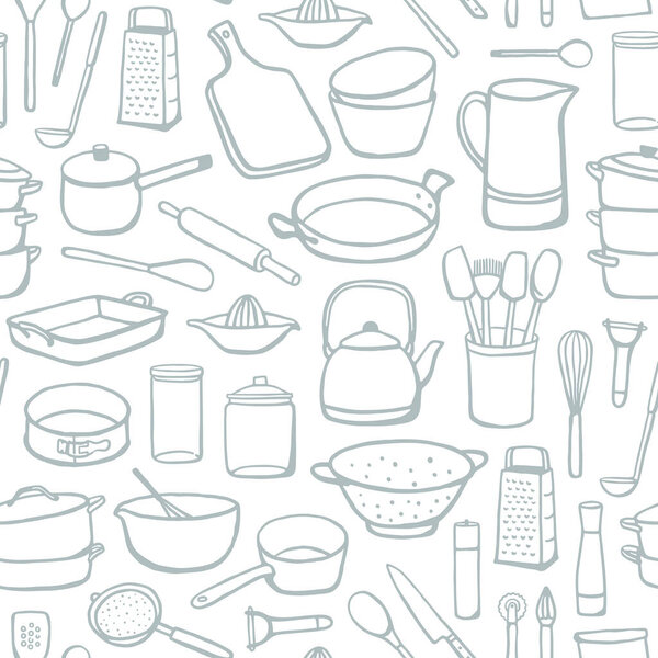 Бесшовный узор с посудой ручной работы. Простой дизайн кухонной утвари для ткани, домашнего текстиля, оберточной бумаги