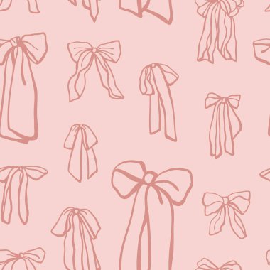 El çizimi retro tarzı yaylar pürüzsüz desen. Tekstil, kumaş, ambalaj kağıdı ve hediye kağıdı için pembe renkli tasarım