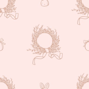 Paskalya çelengi ve pastel pembe renkte kusursuz desenler. Tekstil, kumaş, ambalaj kağıdı için tek renkli tatil tasarımı