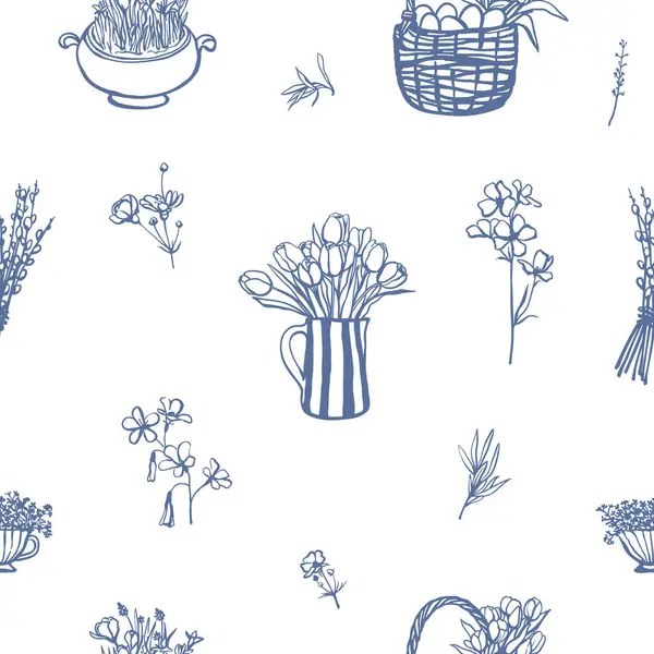 Bahar çiçekleri kusursuz desen çizer. Kumaş, tekstil ya da Paskalya için çiçek deseni