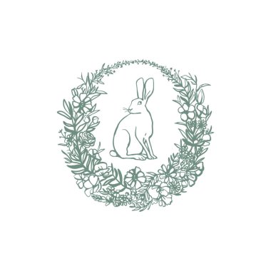 İçinde tavşan olan çiçek çelengi. Kart, poster, sosyal medya için el çizimi bahar veya Paskalya tasarımı