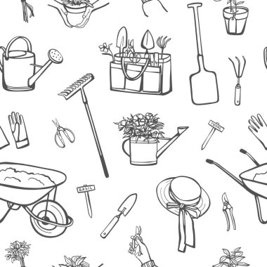 Eskiz stili, pürüzsüz desenli bahçe eşyaları. El yapımı bahçe aletleri, aksesuarlar ve bitkiler. Kumaş, tekstil, ambalaj kağıdı için tek renkli tasarım