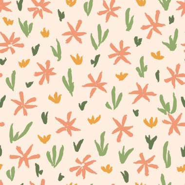 Fırça stili el çizimi çiçeklerle kusursuz desen. Moda kumaşı, tekstil ve ambalaj kağıdı için basit bir çiçek tasarımı.