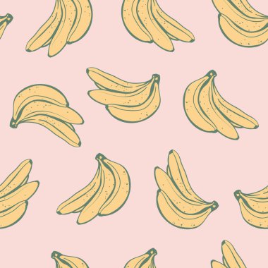 Pembe arka planda el yapımı muzlar, pürüzsüz desen. Kumaş, tekstil ve ambalaj kağıdı için doğal gıda tasarımı