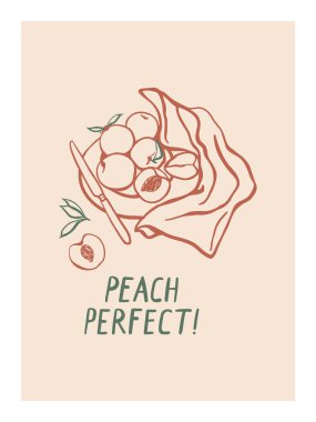 El yapımı şeftalili kompozisyon. Poster, kart, pazar, sosyal medya harfleriyle yaz meyveleri tasarımı