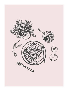 El yapımı kahvaltı tasarımı. Muz ve ballı waffle, tahıllı yoğurt ve meyveli. Poster, menü, sosyal medya için gıda tasarımı