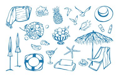 Plaj temalı el çizimi. Kart, poster, sosyal medya ve seyahat için çeşitli deniz kıyısı öğeleri tasarımı