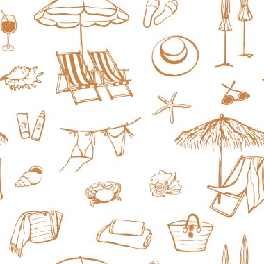Deniz kenarındaki tatilci eli kusursuz bir şekilde çizilmiş. Güneş yatağı, şemsiye, güneş gözlüğü, şapka, beyaz arka planda plaj çantası gibi plaj elementleri.