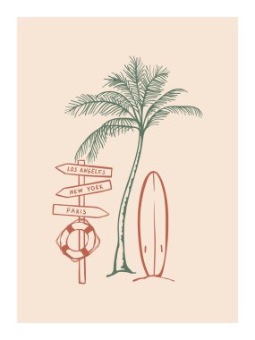 Plajda sörf tahtası ve avuç içi ile el çizimi yaz kompozisyonu. Kart, poster ve sosyal medya için basit tasarım