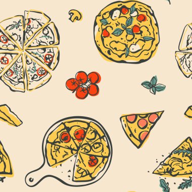 Kusursuz desenli, elle çizilmiş pizza elementleri. Kumaş, tekstil ve ambalaj kağıtları için basit taslak tasarımı