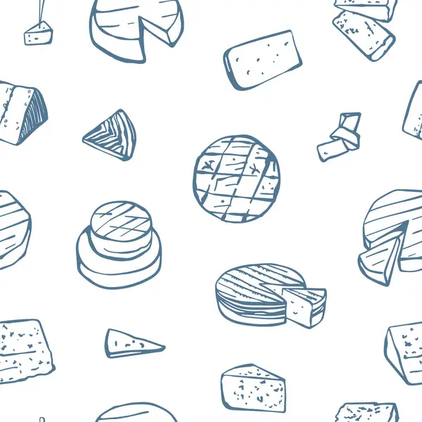 Elle çizilmiş Fransız peynirleri pürüzsüz desen. Beyaz arka planda farklı bir peynir türü. Menü, kumaş, tekstil, ambalaj kağıdı için basit tasarım