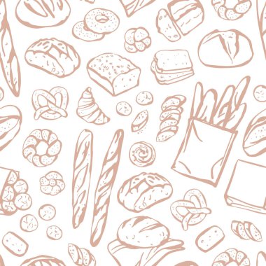 Elle çizilmiş ekmek ve pastane pürüzsüz gevezelik. Gıda tasarımı, ambalaj kağıdı, tekstil çizimi