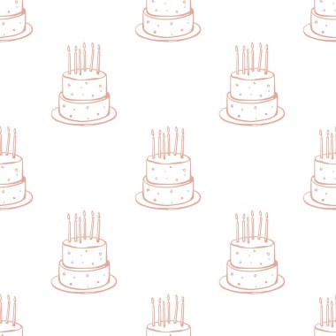Elle çizilmiş doğum günü pastası kusursuz desen. Kart, ambalaj kağıdı ve tekstil için basit tasarım