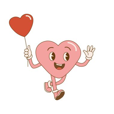 Retro tarzı Sevgililer Günü. Eski moda bir kalp. Hippi mutlu kalp retro çizgi film tarzında. Sevgililer Günü. Eski kalp.