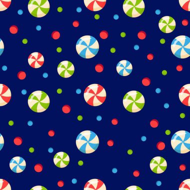 Renkli lolipopları olan kusursuz bir desen. Duvar kağıdı, kumaş baskısı, ambalaj kağıdı, doğum günü partisi tasarımları için vektör deseni.