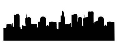 Şehir binaları siyah siluet. Kasaba şekli. Şehir silueti tabelası. Beyaz arka planda izole edilmiş. Vektör illüstrasyonu