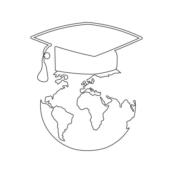 Ένα Συνεχές Σχέδιο Γραμμής Του Πλανήτη Καπέλο Αποφοίτησης World Map — Διανυσματικό Αρχείο