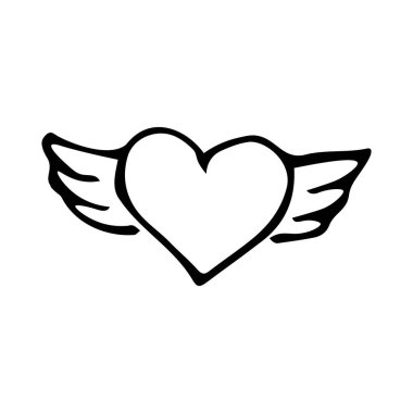 Kanatları çizilmiş karamelli kalp. Sevgililer Günü süs eşyası. Tebrik kartı ve dövme tasarımı için iyi. Beyaz arkaplanda izole