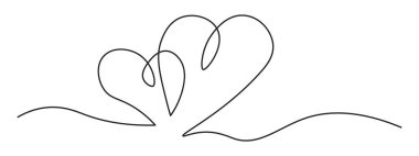 İki kalpten oluşan kesintisiz bir çizgi. Basit doğrusal tarzda romantik semboller. Minimalist karalama. Beyaz arka planda izole edilmiş. Vektör illüstrasyonu