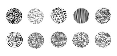 Bir dizi yuvarlak çizim. Soyut şekiller ve tasarım elementleri. Poster, sosyal medya ve diğer tasarımlar için moda. Vektör illüstrasyonu.