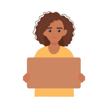 African woman holding cardboard blank without text. Protest and protection of rights. Meeting and demonstration