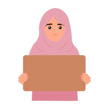Arabic woman holding cardboard blank without text. Protest and protection of rights. Meeting and demonstration