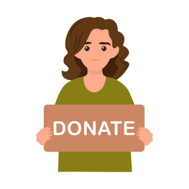 Donation and charity concept. Volunteer woman holding in hands cardboard sign Donate