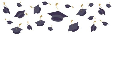 University mortarboards throwing tradition. College, school graduation ceremony. Academic hats with tassels. Higher education, bachelor, master degree. Commencement, grad celebration