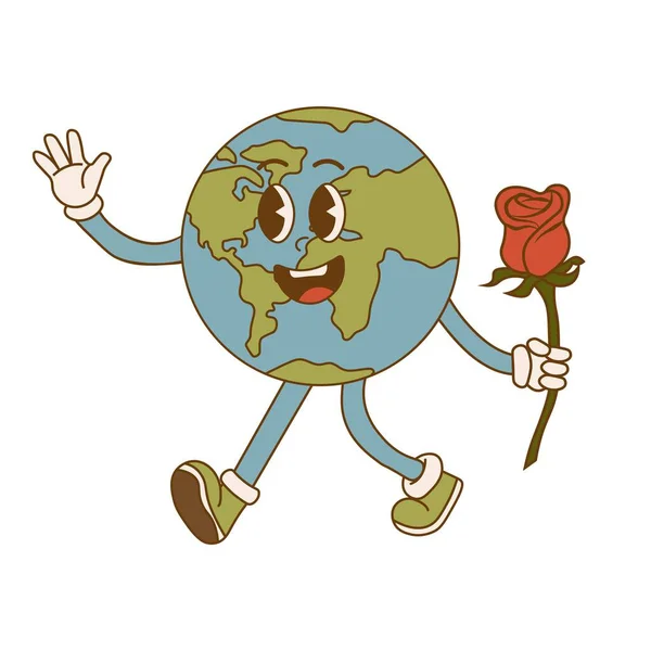 Tag Der Erde Cartoon Süße Erde Planet Charakter Retro Stil — Stockvektor