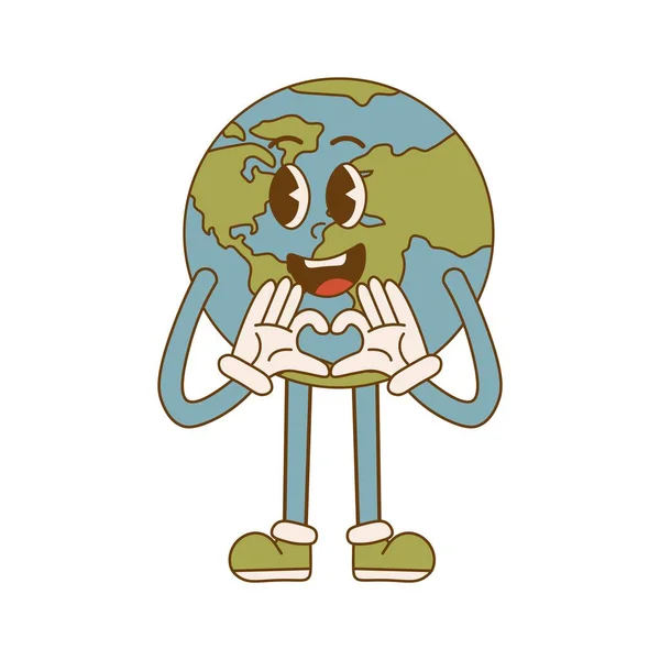 Den Země Cartoon Roztomilý Pozemské Planety Charakter Retro Stylu Environmentální — Stockový vektor