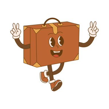 Retro maskot bavulu çizgi film karakteri posteri. Macera yolculuğu. Soyut trend, klasik, nostaljik estetik arka plan