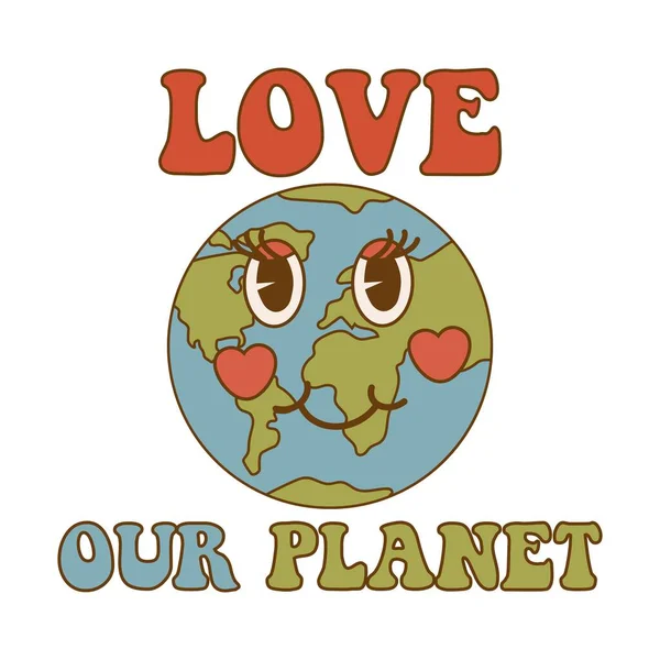 Retro Earth Globus Zeichentrickfigur Und Love Our Planet Inschrift Konzept — Stockvektor