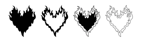 Brennende Herzen Herzsilhouette Mit Feuer Loderndem Liebespiktogramm — Stockvektor